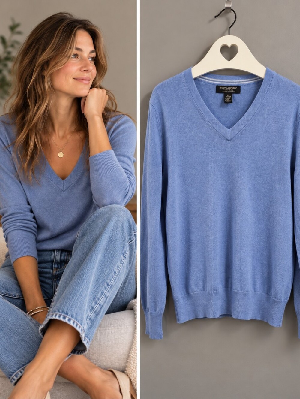 Banana Republic Luxury Blend Silk Cotton Cashmere V-Neck Sweater Blue S PTP19